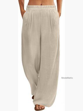 Wide Leg Linen Pants Elastic Waist Flowy Casual Trousers with Pockets
